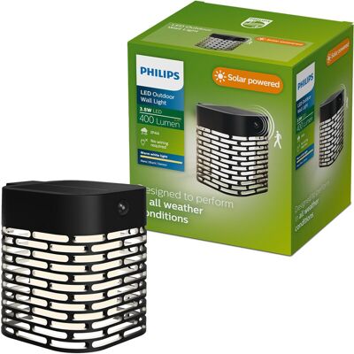 Philips Hara Solar wandlamp - Zonne-energie - Warmwit licht: 2700K - Zwart - Twee lichtstanden - Schemersensor - Bewegingssensor - IP44: weerbestendig - Solar buitenverlichting Philips Hara Solar wandlamp - Zonne-energie - Warmwit licht: 2700K - Zwart - Twee lichtstanden - Schemersensor - Bewegingssensor - IP44: weerbestendig - Solar buitenverlichting