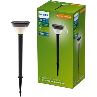 Philips Kyna Solar Sokkellamp - Zonne-energie - Warmwit licht: 2700K - Zwart - Twee lichtstanden - Schemersensor - Bewegingssensor - IP44: weerbestendig - Solar buitenverlichting Philips Kyna Solar Sokkellamp - Zonne-energie - Warmwit licht: 2700K - Zwart - Twee lichtstanden - Schemersensor - Bewegingssensor - IP44: weerbestendig - Solar buitenverlichting