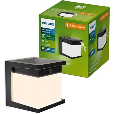 Philips Diara Solar wandlamp - Zonne-energie - Warmwit licht: 2700K - Zwart - Twee lichtstanden - Schemersensor - Bewegingssensor - IP44: weerbestendig - Solar buitenverlichting Philips Diara Solar wandlamp - Zonne-energie - Warmwit licht: 2700K - Zwart - Twee lichtstanden - Schemersensor - Bewegingssensor - IP44: weerbestendig - Solar buitenverlichting