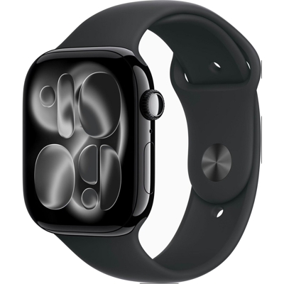 Apple Watch Series 11 GPS + Mobiel 42 mm gitzwarte aluminium kast met zwarte sportband - M/L Apple Watch Series 11 GPS + Mobiel 42 mm gitzwarte aluminium kast met zwarte sportband - M/L