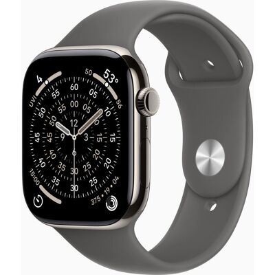 Apple Watch Series 11 GPS + Mobiele connectiviteit 42 mm - Behuizing van natuurlijk titanium met steengrijze sportband - M/L Apple Watch Series 11 GPS + Mobiele connectiviteit 42 mm - Behuizing van natuurlijk titanium met steengrijze sportband - M/L