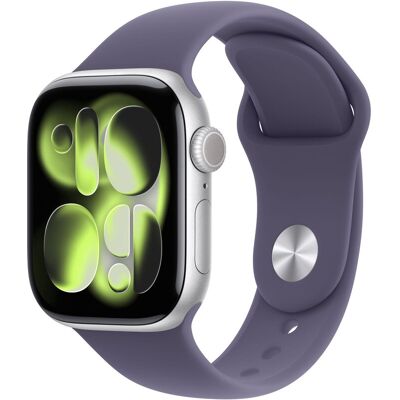 Apple Watch Series 11 GPS 42 mm zilveren aluminium behuizing met paarse mist sportbandje - S/M Apple Watch Series 11 GPS 42 mm zilveren aluminium behuizing met paarse mist sportbandje - S/M