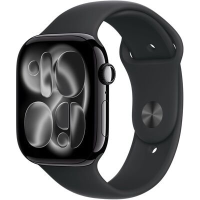 Apple watch series 11 GPS + mobiel, 46 mm, gitzwarte aluminium kast met zwart sportbandje - S/M Apple watch series 11 GPS + mobiel, 46 mm, gitzwarte aluminium kast met zwart sportbandje - S/M