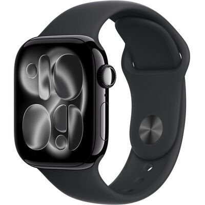 Apple Watch Series 11 GPS + mobiel 42 mm gitzwarte aluminium kast met zwarte sportband - S/M Apple Watch Series 11 GPS + mobiel 42 mm gitzwarte aluminium kast met zwarte sportband - S/M