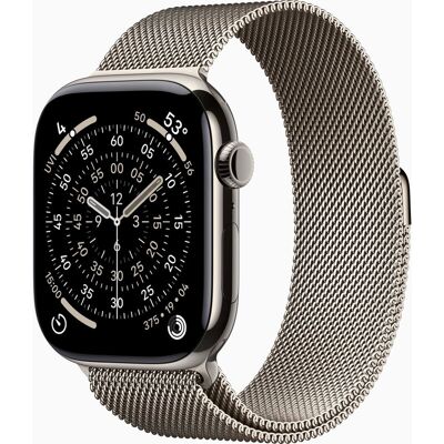 Apple Watch Series 11 GPS + mobiel 46 mm natuurlijk titanium kast met natuurlijke Milanese band - S/M Apple Watch Series 11 GPS + mobiel 46 mm natuurlijk titanium kast met natuurlijke Milanese band - S/M