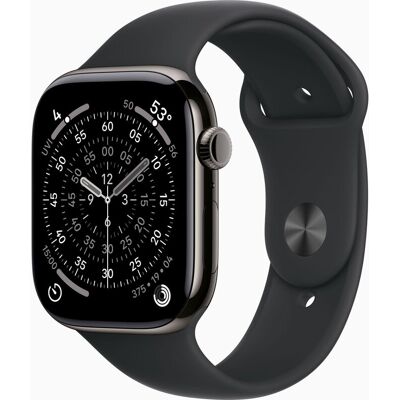 Apple Watch Series 11 GPS + mobiel 42 mm, leigrijze titanium kast met zwarte sportband - S/M Apple Watch Series 11 GPS + mobiel 42 mm, leigrijze titanium kast met zwarte sportband - S/M