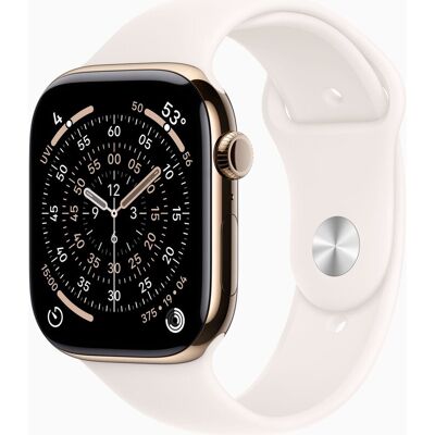 Apple Watch Series 11 GPS + Cellular 42 mm gold titanium kast met lichtroze sportband - S/M Apple Watch Series 11 GPS + Cellular 42 mm gold titanium kast met lichtroze sportband - S/M