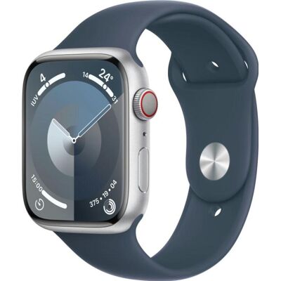 Apple Watch Series 9 GPS + mobiele data 45 mm zilverkleurige aluminium kast met Storm Blue sportband - S/M Apple Watch Series 9 GPS + mobiele data 45 mm zilverkleurige aluminium kast met Storm Blue sportband - S/M
