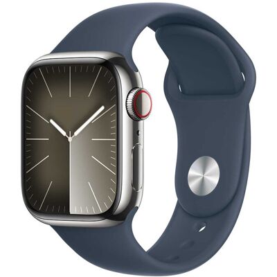 Apple Watch Series 9 GPS + mobiel 45 mm zilverkleurige roestvrijstalen behuizing met stormblauwe sportband - S/M Apple Watch Series 9 GPS + mobiel 45 mm zilverkleurige roestvrijstalen behuizing met stormblauwe sportband - S/M