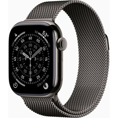 Apple Watch Series 11 GPS + mobiel, 46 mm, leigrijze titanium kast met leigrijze Milanese band - S/M Apple Watch Series 11 GPS + mobiel, 46 mm, leigrijze titanium kast met leigrijze Milanese band - S/M
