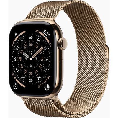 Apple Watch Series 11 GPS + Cellular 46 mm goud titanium kast met gouden Milanese band - M/L Apple Watch Series 11 GPS + Cellular 46 mm goud titanium kast met gouden Milanese band - M/L