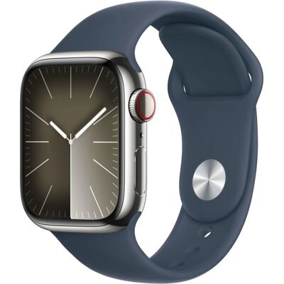 Apple Watch Series 9 GPS + mobiel 41 mm zilverkleurige roestvrijstalen kast met stormblauwe sportband - S/M Apple Watch Series 9 GPS + mobiel 41 mm zilverkleurige roestvrijstalen kast met stormblauwe sportband - S/M