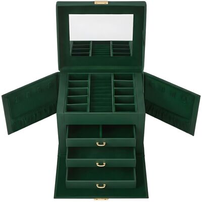 Ochama 4-laags sieradendoos, afsluitbare sieradenorganizer met handvat, 3 laden, reisetui voor sieraden met spiegel, sieradenopslag, moderne stijl, cadeau voor dierbaren, retro groen Ochama 4-laags sieradendoos, afsluitbare sieradenorganizer met handvat, 3 laden, reisetui voor sieraden met spiegel, sieradenopslag, moderne stijl, cadeau voor dierbaren, retro groen