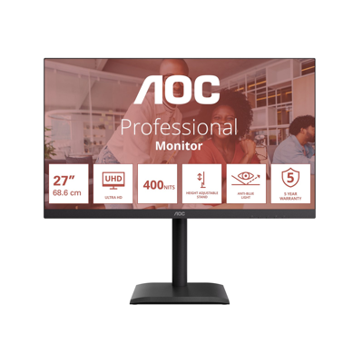 AOC E4 U27E4CV monitor 68,6 cm (27") 3840 x 2160 pixels 4K Ultra HD LED zwart AOC E4 U27E4CV monitor 68,6 cm (27") 3840 x 2160 pixels 4K Ultra HD LED zwart