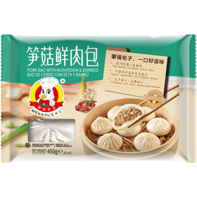 Meng Fu Gestoomde broodjes met varkensvlees, champignon en bamboescheut 450 g Meng Fu Gestoomde broodjes met varkensvlees, champignon en bamboescheut 450 g