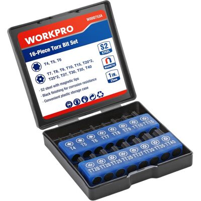 WORKPRO 16-delige schroevendraaierbitset, Torx-bitset van S2-staal (25 mm), magnetische Torx-bits met bithouder, universele 6,35 mm zeskantassen, precisie bewerkt, inclusief opbergdoos. WORKPRO 16-delige schroevendraaierbitset, Torx-bitset van S2-staal (25 mm), magnetische Torx-bits met bithouder, universele 6,35 mm zeskantassen, precisie bewerkt, inclusief opbergdoos.