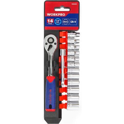 WORKPRO 14-delige metrische dopsleutelset (4 - 13 mm), roestbestendig Cr-V-staal, 1/4 in. snelwisselaandrijving ratelsleutel, 72-tands, inclusief verlengstang WORKPRO 14-delige metrische dopsleutelset (4 - 13 mm), roestbestendig Cr-V-staal, 1/4 in. snelwisselaandrijving ratelsleutel, 72-tands, inclusief verlengstang