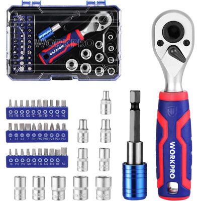 WORKPRO 42-delige 1/4 inch doppenset, ratelset met bit en magnetische bithouder voor doe-het-zelf, autoreparatie en dagelijks onderhoud met gereedschapskist WORKPRO 42-delige 1/4 inch doppenset, ratelset met bit en magnetische bithouder voor doe-het-zelf, autoreparatie en dagelijks onderhoud met gereedschapskist