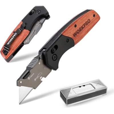 WORKPRO opvouwbaar mes met houten handvat en schuifvergrendeling, opvouwbaar multitoolmes, vloermes, snelwisselmes met riemclip, inclusief 10 SK5 vervangmesjes. WORKPRO opvouwbaar mes met houten handvat en schuifvergrendeling, opvouwbaar multitoolmes, vloermes, snelwisselmes met riemclip, inclusief 10 SK5 vervangmesjes.