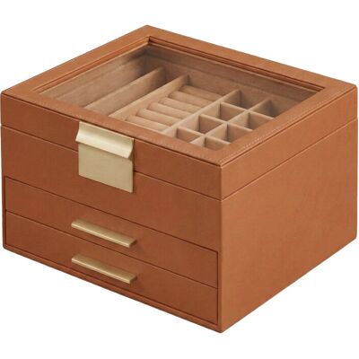 Ochama Sieradendoos met Glazen Deksel, 3-Lagen Sieraden Organizer, 2 Lades, Sieradenopslag, 20 x 23 x 13,5 cm, Bruin, Goud Ochama Sieradendoos met Glazen Deksel, 3-Lagen Sieraden Organizer, 2 Lades, Sieradenopslag, 20 x 23 x 13,5 cm, Bruin, Goud