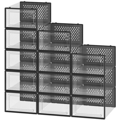 Ochama Set van 12 Stapelbare Sneaker Opbergdozen, Transparante Plastic Schoenorganizers voor Kast, Zwart, Transparant Ochama Set van 12 Stapelbare Sneaker Opbergdozen, Transparante Plastic Schoenorganizers voor Kast, Zwart, Transparant