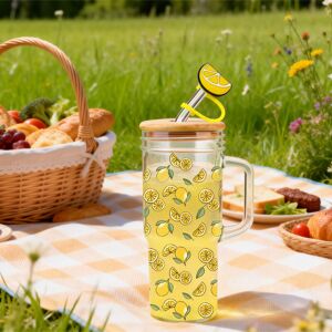 MEOKY set van 2 citroenprint glazen drinkbekers, 750 ml, met houten deksel en citroenrietje, geïsoleerd, met handvat, voor ijsdrankjes MEOKY set van 2 citroenprint glazen drinkbekers, 750 ml, met houten deksel en citroenrietje, geïsoleerd, met handvat, voor ijsdrankjes