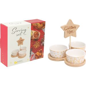 Excellent Houseware Koopman Bamboe Serveer Set met Porseleinen Schalen - 4 stuks, Kerstontwerp Excellent Houseware Koopman Bamboe Serveer Set met Porseleinen Schalen - 4 stuks, Kerstontwerp