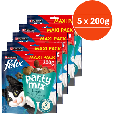 Felix Party Mix Seaside - Kattensnacks - Kattensnoepjes - Zalm Koolvis & Forel- 5 x 200 g Felix Party Mix Seaside - Kattensnacks - Kattensnoepjes - Zalm Koolvis & Forel- 5 x 200 g