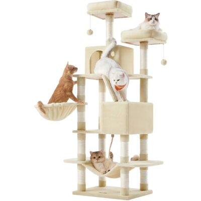 JOYFURNOS krabpaal, 168 cm grote kattentoren met 13 krabpalen, 1 krabtrap, 2 ligplateaus, 2 kattenholen, mand, hangmat, pompons, beige JOYFURNOS krabpaal, 168 cm grote kattentoren met 13 krabpalen, 1 krabtrap, 2 ligplateaus, 2 kattenholen, mand, hangmat, pompons, beige