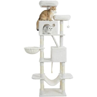 JOYFURNOS krabpaal, hoogte 206 cm, met 13 krabpalen, 2 platforms, 2 huisjes, mand, hangmat, pompon, pluche stof, crèmewit JOYFURNOS krabpaal, hoogte 206 cm, met 13 krabpalen, 2 platforms, 2 huisjes, mand, hangmat, pompon, pluche stof, crèmewit