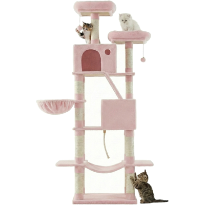 JOYFURNOS grote krabpaal 206 cm hoog XXL krabpaal met 13 krabpalen, 2 platforms, 2 grotten, mand, hangmat, pluche ballen, kattenkrabpaal met meerdere niveaus, pastelroze JOYFURNOS grote krabpaal 206 cm hoog XXL krabpaal met 13 krabpalen, 2 platforms, 2 grotten, mand, hangmat, pluche ballen, kattenkrabpaal met meerdere niveaus, pastelroze