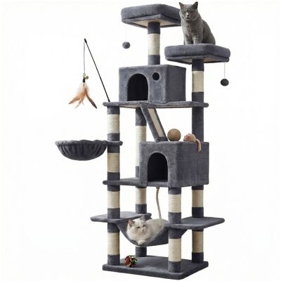 JOYFURNOS krabpaal, 168 cm grote kattentoren met 13 krabpalen, 1 krabtrap, 2 ligplekken, 2 huisjes, mand, hangmat, pompoms, rookgrijs JOYFURNOS krabpaal, 168 cm grote kattentoren met 13 krabpalen, 1 krabtrap, 2 ligplekken, 2 huisjes, mand, hangmat, pompoms, rookgrijs