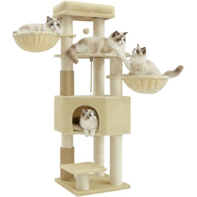 JOYFURNOS SONGMICS Krabpaal met zelfverwarmende dekens voor grote kat, krabpaal, 2 kattenborstels, 10 cm dikke stammen, grote platforms, grot, 50 x 50 x 160 cm, zandbeige JOYFURNOS SONGMICS Krabpaal met zelfverwarmende dekens voor grote kat, krabpaal, 2 kattenborstels, 10 cm dikke stammen, grote platforms, grot, 50 x 50 x 160 cm, zandbeige