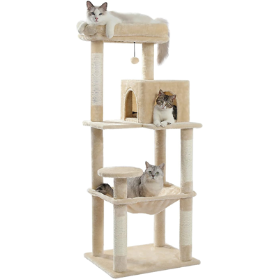 PAWZ Road 143 cm Kattenboom met Metaal-Pluis Hangmat, KattenTorre voor Volwassen Katten met 2-Deur Condo Huis, 6-Stap Kattenrekken met Schraapstafs & Grote Bovenste Rustplaats, Beige PAWZ Road 143 cm Kattenboom met Metaal-Pluis Hangmat, KattenTorre voor Volwassen Katten met 2-Deur Condo Huis, 6-Stap Kattenrekken met Schraapstafs & Grote Bovenste Rustplaats, Beige