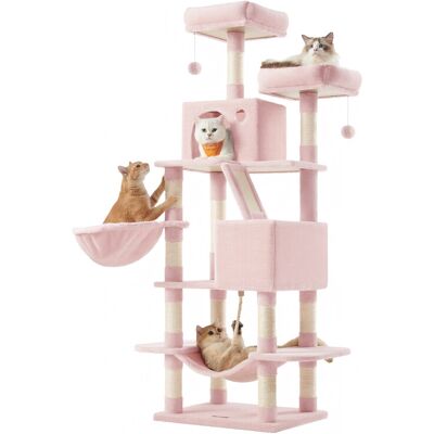 JOYFURNOS Grote krabpaal, 168 cm hoog, maat L, met 13 krabpalen, 2 platforms, 2 huisjes, mand, hangmat en pluche ballen, meerlaagse krabpaal, pastelroze JOYFURNOS Grote krabpaal, 168 cm hoog, maat L, met 13 krabpalen, 2 platforms, 2 huisjes, mand, hangmat en pluche ballen, meerlaagse krabpaal, pastelroze