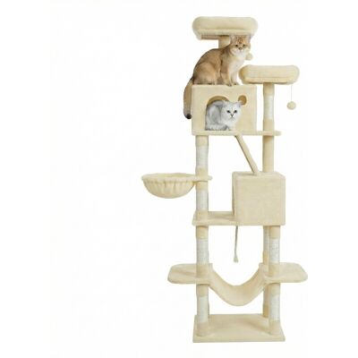 JOYFURNOS grote krabpaal, 206 cm hoog, XXL krabpaal, met 13 krabpalen, 2 platforms, 2 grotten, mand, hangmat, pluche ballen, kattenkrabpaal met meerdere verdiepingen, beige JOYFURNOS grote krabpaal, 206 cm hoog, XXL krabpaal, met 13 krabpalen, 2 platforms, 2 grotten, mand, hangmat, pluche ballen, kattenkrabpaal met meerdere verdiepingen, beige