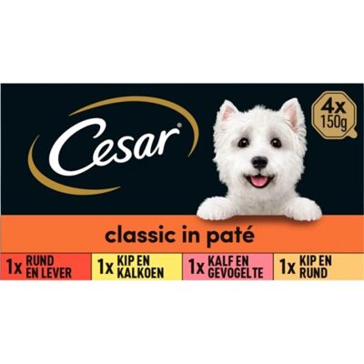 Cesar Hondenvoer Volwassen Kip & Kalkoen, Rund & Lever, Kalf & Gevogelte, Lam & Kalkoen Mix 4×150g Cesar Hondenvoer Volwassen Kip & Kalkoen, Rund & Lever, Kalf & Gevogelte, Lam & Kalkoen Mix 4×150g