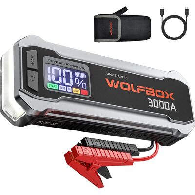 WOLFBOX 3000A 12V auto-batterij-startpakket, 65W sneloplader, LED-display, draagbare 59,2 Wh startbatterij (geschikt voor 8L gas en 6L dieselmotoren) met booster, LED-licht en startkabels WOLFBOX 3000A 12V auto-batterij-startpakket, 65W sneloplader, LED-display, draagbare 59,2 Wh startbatterij (geschikt voor 8L gas en 6L dieselmotoren) met booster, LED-licht en startkabels
