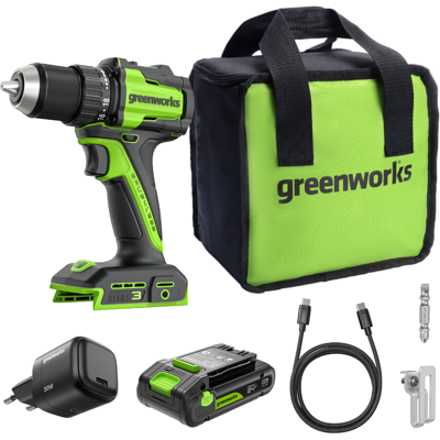 Greenworks 24 V accuschroefboormachine borstelloos 45 Nm, lichtgewicht, ledverlichting, 18+1 koppelstanden, incl. 2,0 Ah USB-C accu (12.000 mAh powerbank) & 30 W USB-C oplader DD345 Greenworks 24 V accuschroefboormachine borstelloos 45 Nm, lichtgewicht, ledverlichting, 18+1 koppelstanden, incl. 2,0 Ah USB-C accu (12.000 mAh powerbank) & 30 W USB-C oplader DD345
