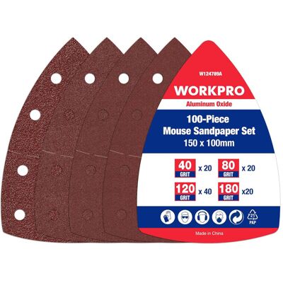 WORKPRO 100 driehoekige klittenband schuurvellen Delta 105 x 152 mm, korrel 40, 80, 120, 180, voor multi- en driehoekschuurmachines WORKPRO 100 driehoekige klittenband schuurvellen Delta 105 x 152 mm, korrel 40, 80, 120, 180, voor multi- en driehoekschuurmachines