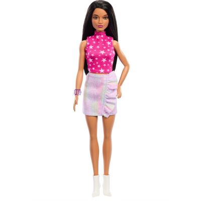 Barbie Fashionistas poppen #215 - zwart steil haar, roze sterrenprint top en iriserende rok, 29 cm Barbie Fashionistas poppen #215 - zwart steil haar, roze sterrenprint top en iriserende rok, 29 cm