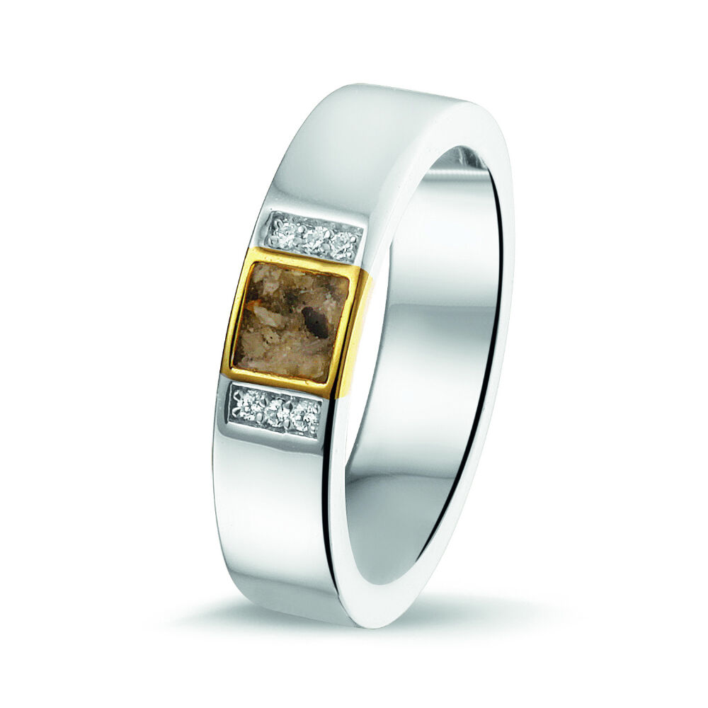 Ring van zilver / goud met vierkante askamer + zirkonia
