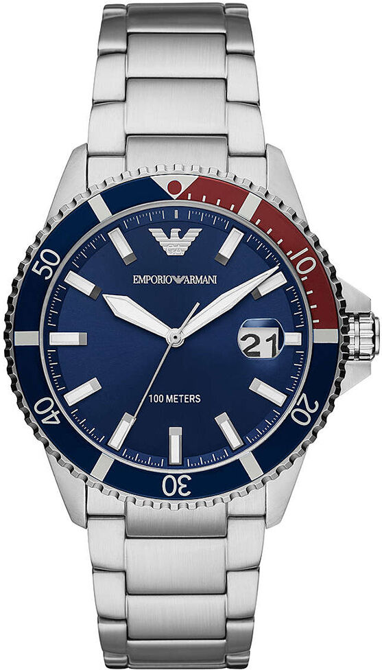 Giorgio Armani Emporio Armani AR11339 Horloge Diver staal zilverkleurig-blauw-rood 42 mm