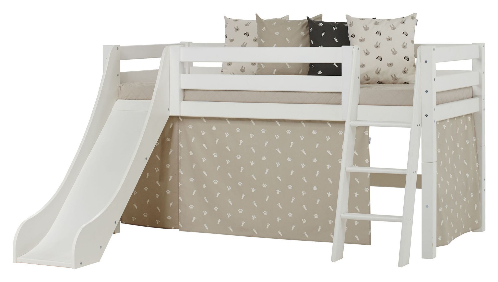 Hoppekids Premium Halvhøy seng m. rutsjebane, Hvit, Beige, 90x200   Unoliving