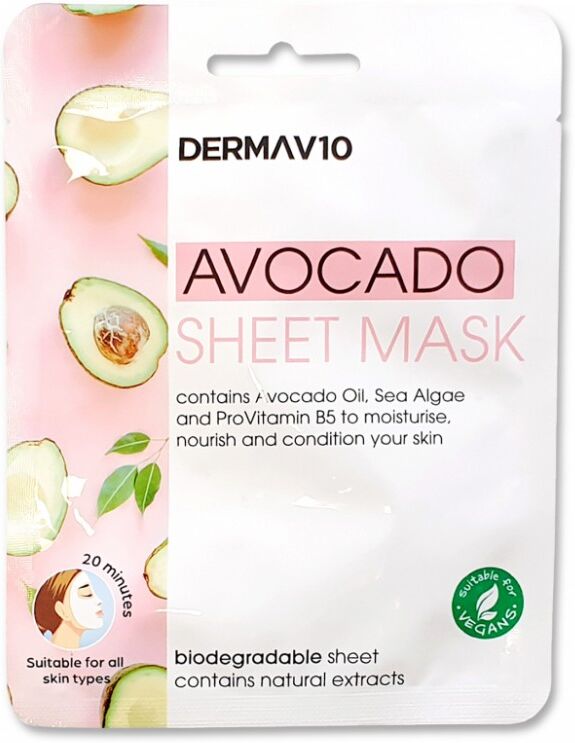 DermaV10 Avocado Sheet Mask 1 stk Ansiktsmaske