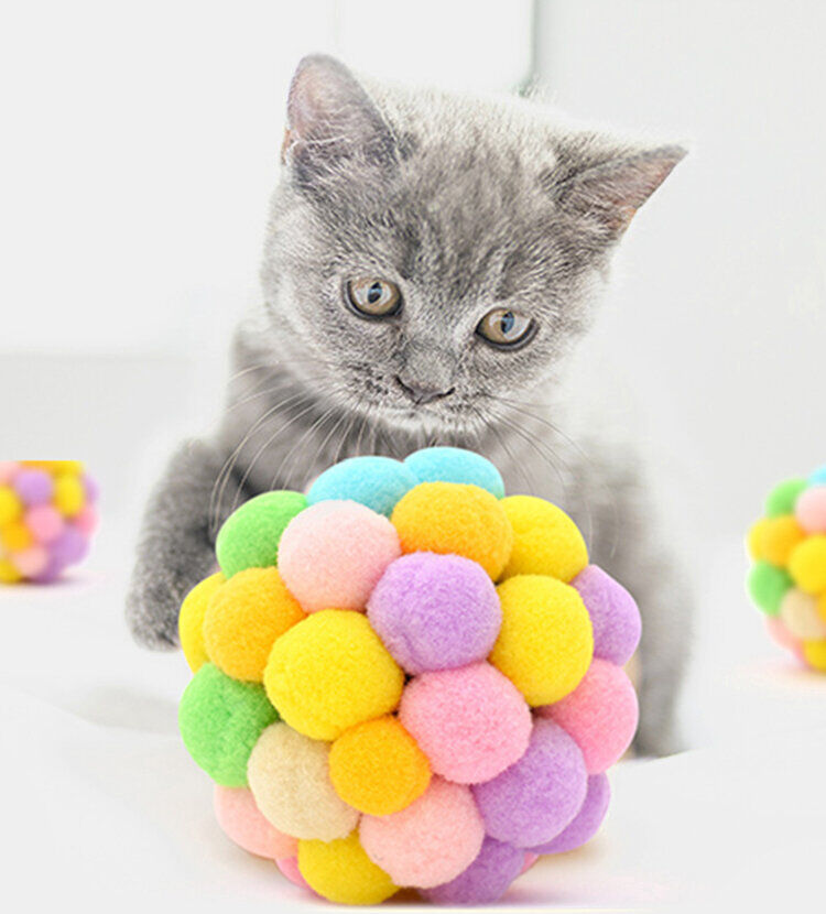 Newchic 1Pc Funny Cat Interactive Ball Toy Pet Interesting Colorful Handmade Bell Bouncy Ball Plush Rainbow Ball Pet Supplies