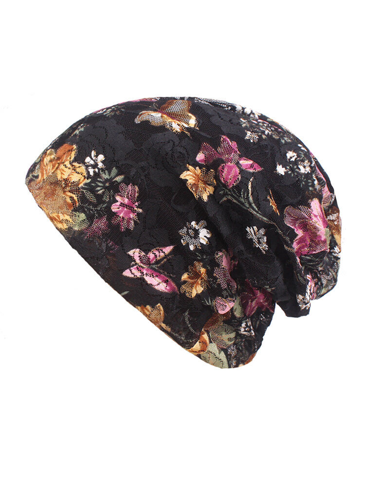 Newchic Women Flowers Ethnic Cotton Lace Beanie Hat Vintage Good Elastic Breathable Summer Turban Caps