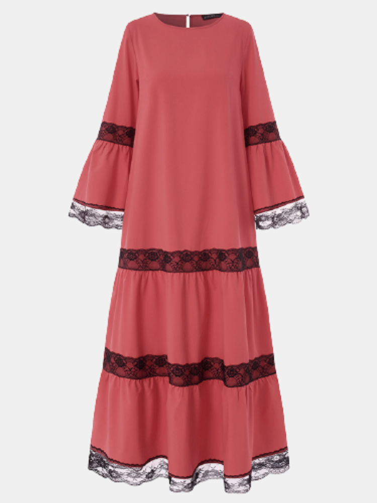 ZANZEA Lace Patchwork Bell Sleeve Plus Size Long Dress for Women