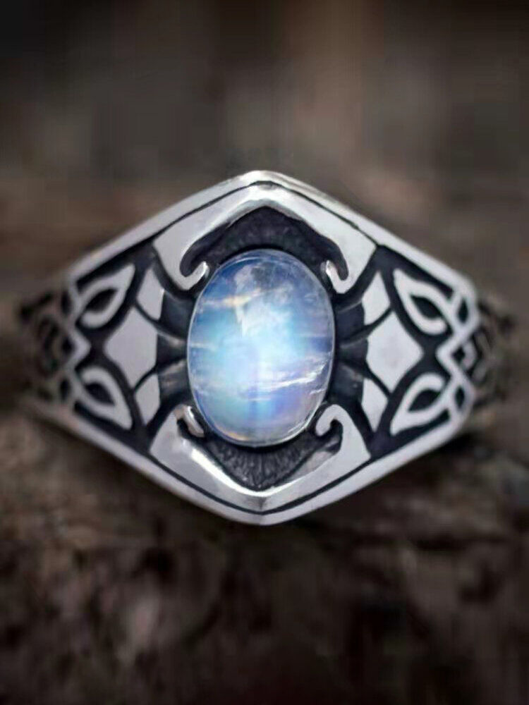 Newchic Vintage Carved Geometric-shaped Inlaid Oval Moonstone Alloy Ring
