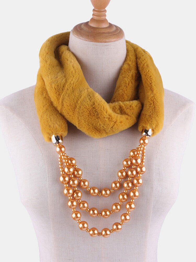 Newchic Bohemian Plush Imitation Pearl Necklace Autumn Winter Beaded Pendant Scarf Necklace